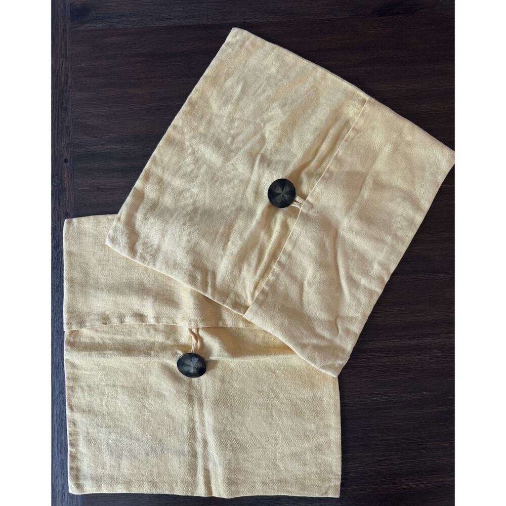 Pottery Barn Yellow Linen Pillow Cover Wood Button 18x18 Pair Set Of 2